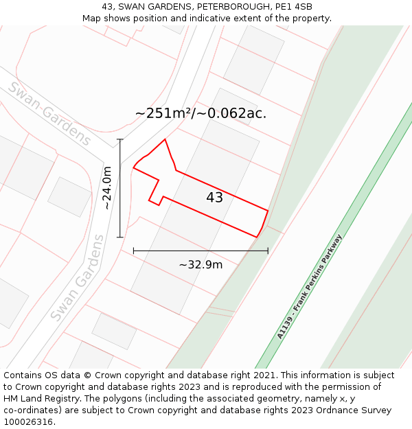 43, SWAN GARDENS, PETERBOROUGH, PE1 4SB: Plot and title map