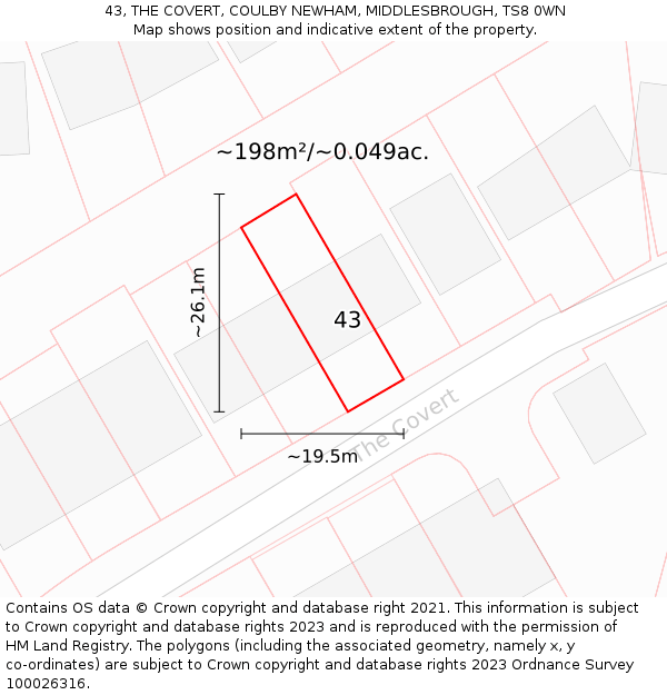 43, THE COVERT, COULBY NEWHAM, MIDDLESBROUGH, TS8 0WN: Plot and title map