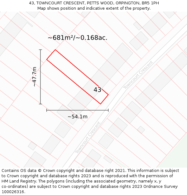 43, TOWNCOURT CRESCENT, PETTS WOOD, ORPINGTON, BR5 1PH: Plot and title map