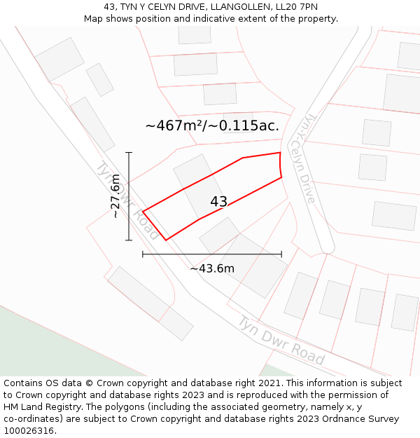 43, TYN Y CELYN DRIVE, LLANGOLLEN, LL20 7PN: Plot and title map