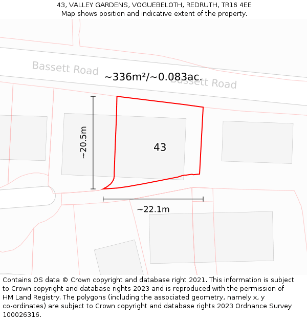 43, VALLEY GARDENS, VOGUEBELOTH, REDRUTH, TR16 4EE: Plot and title map