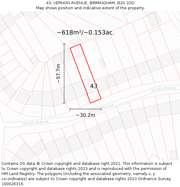 43, VERNON AVENUE, BIRMINGHAM, B20 1DD: Plot and title map