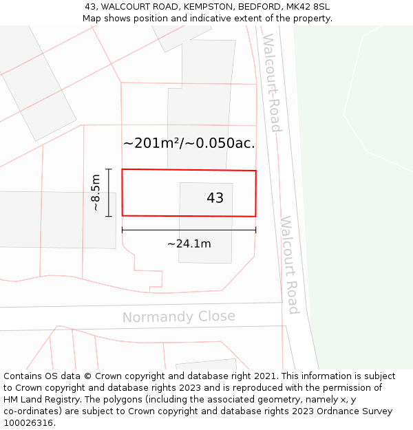 43, WALCOURT ROAD, KEMPSTON, BEDFORD, MK42 8SL: Plot and title map