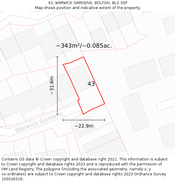 43, WARWICK GARDENS, BOLTON, BL3 3SP: Plot and title map