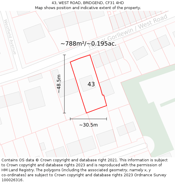 43, WEST ROAD, BRIDGEND, CF31 4HD: Plot and title map