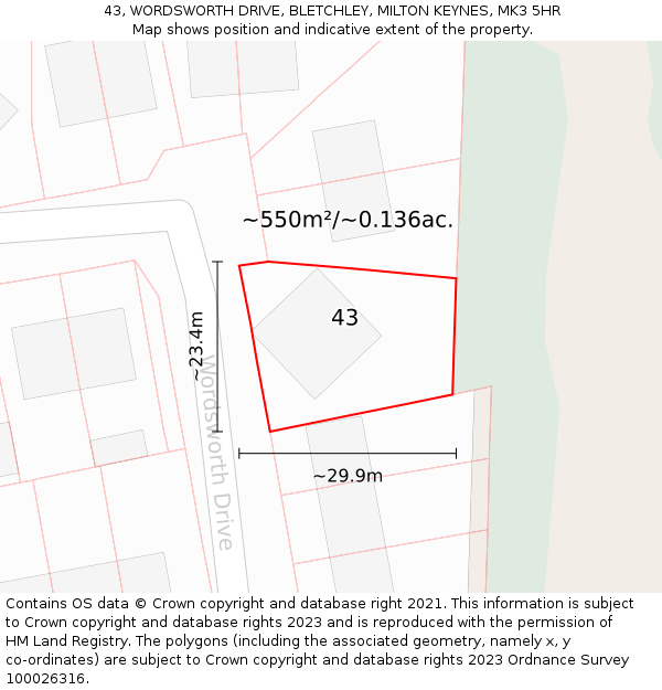 43, WORDSWORTH DRIVE, BLETCHLEY, MILTON KEYNES, MK3 5HR: Plot and title map