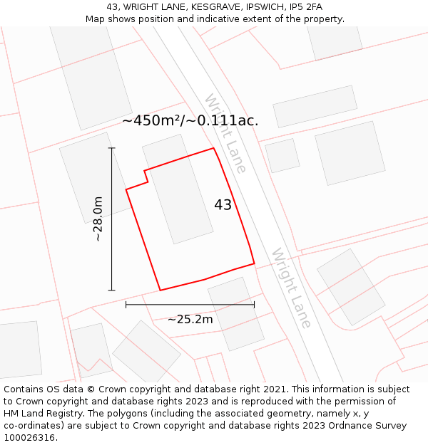 43, WRIGHT LANE, KESGRAVE, IPSWICH, IP5 2FA: Plot and title map