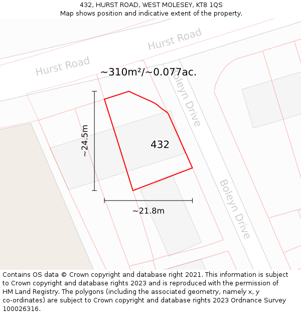 432, HURST ROAD, WEST MOLESEY, KT8 1QS: Plot and title map