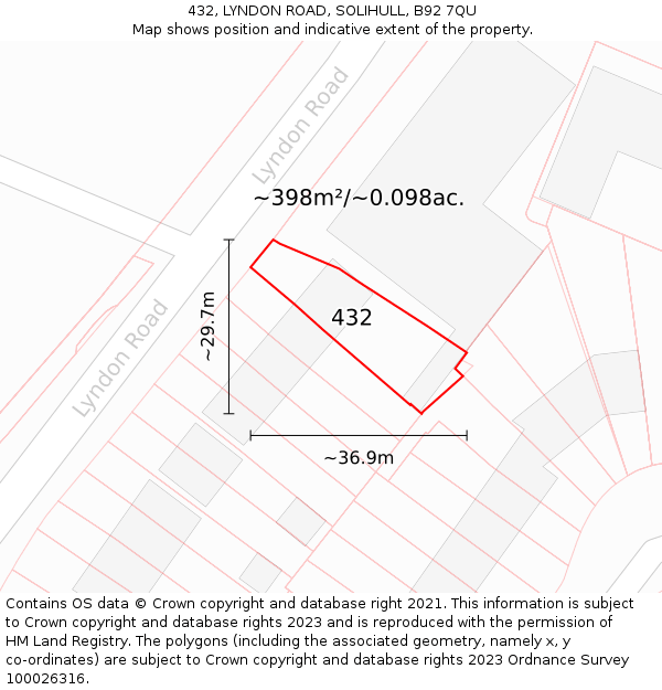 432, LYNDON ROAD, SOLIHULL, B92 7QU: Plot and title map