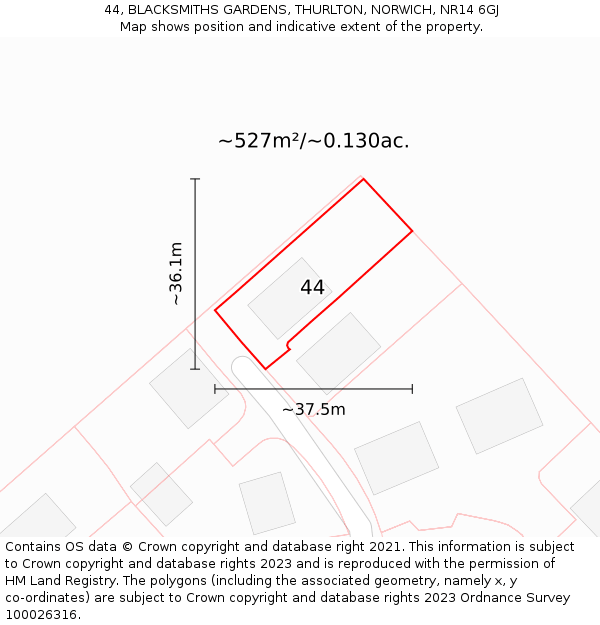 44, BLACKSMITHS GARDENS, THURLTON, NORWICH, NR14 6GJ: Plot and title map