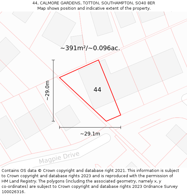 44, CALMORE GARDENS, TOTTON, SOUTHAMPTON, SO40 8ER: Plot and title map