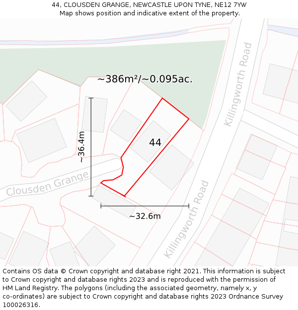 44, CLOUSDEN GRANGE, NEWCASTLE UPON TYNE, NE12 7YW: Plot and title map