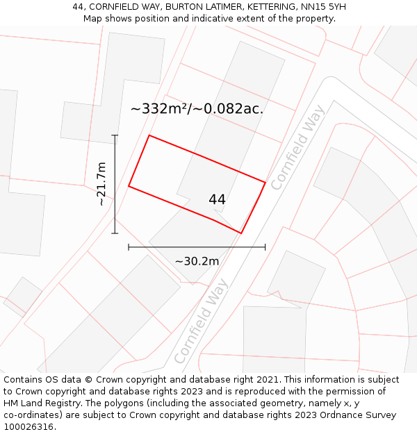 44, CORNFIELD WAY, BURTON LATIMER, KETTERING, NN15 5YH: Plot and title map