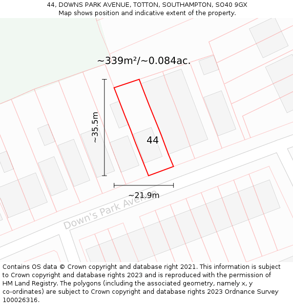 44, DOWNS PARK AVENUE, TOTTON, SOUTHAMPTON, SO40 9GX: Plot and title map