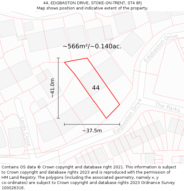 44, EDGBASTON DRIVE, STOKE-ON-TRENT, ST4 8FJ: Plot and title map