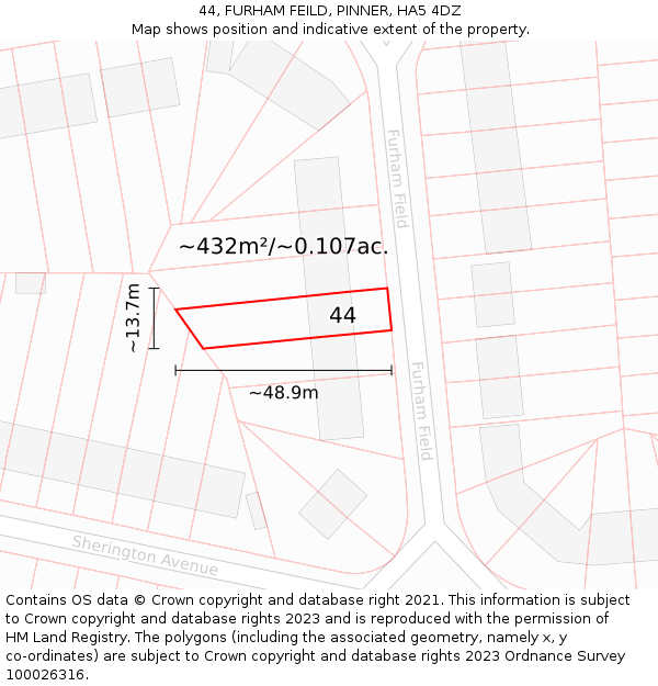 44, FURHAM FEILD, PINNER, HA5 4DZ: Plot and title map