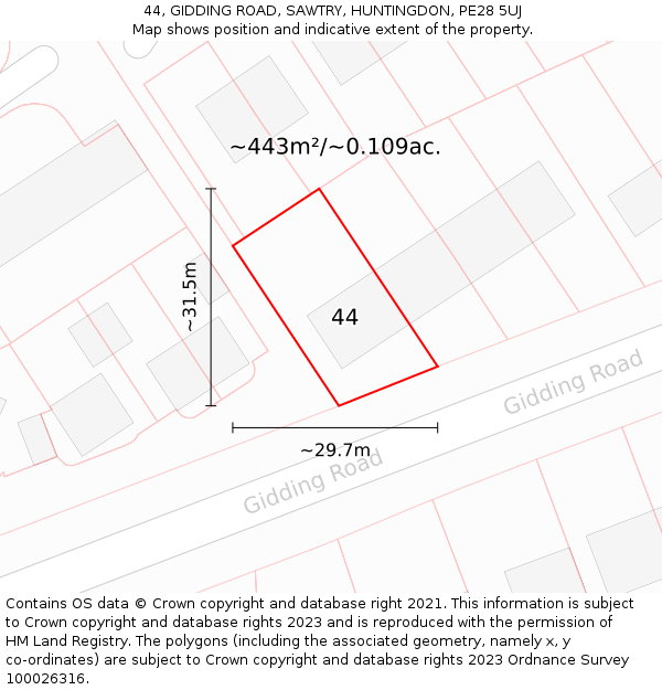 44, GIDDING ROAD, SAWTRY, HUNTINGDON, PE28 5UJ: Plot and title map