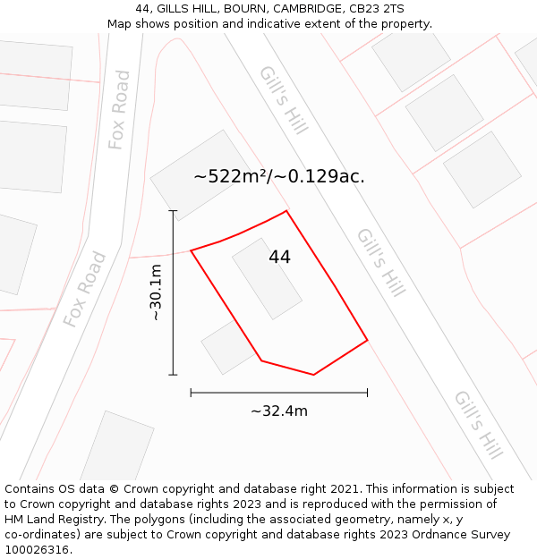 44, GILLS HILL, BOURN, CAMBRIDGE, CB23 2TS: Plot and title map