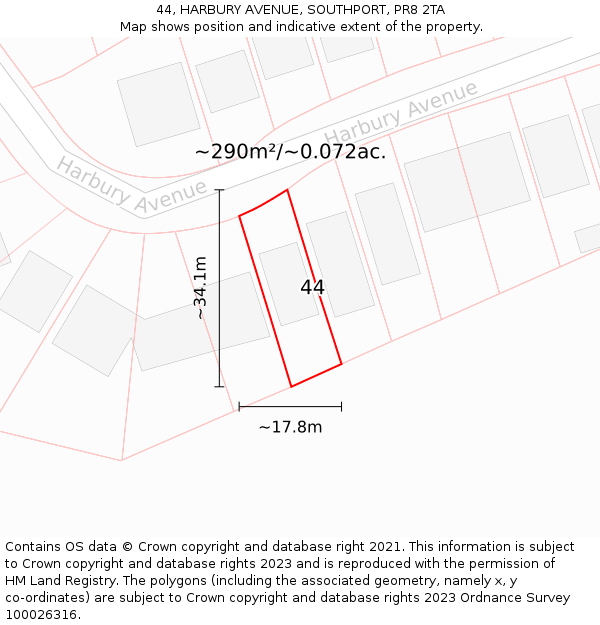 44, HARBURY AVENUE, SOUTHPORT, PR8 2TA: Plot and title map