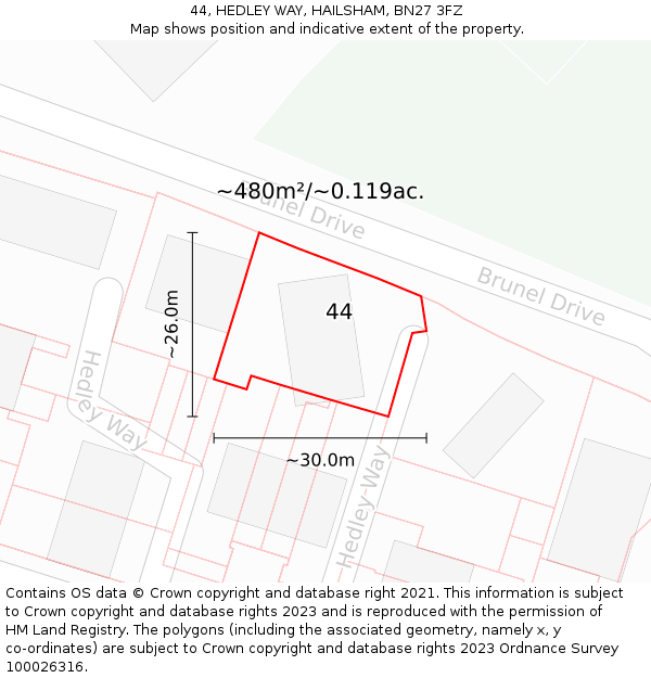 44, HEDLEY WAY, HAILSHAM, BN27 3FZ: Plot and title map