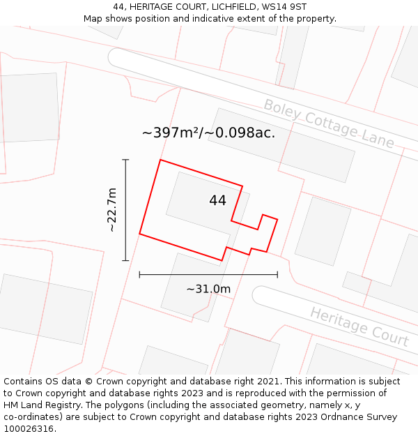 44, HERITAGE COURT, LICHFIELD, WS14 9ST: Plot and title map