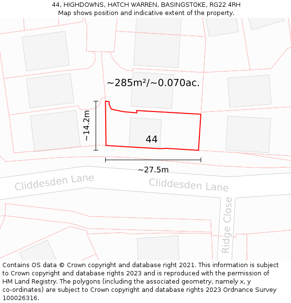 44, HIGHDOWNS, HATCH WARREN, BASINGSTOKE, RG22 4RH: Plot and title map