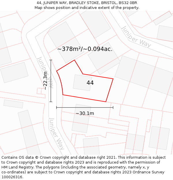 44, JUNIPER WAY, BRADLEY STOKE, BRISTOL, BS32 0BR: Plot and title map