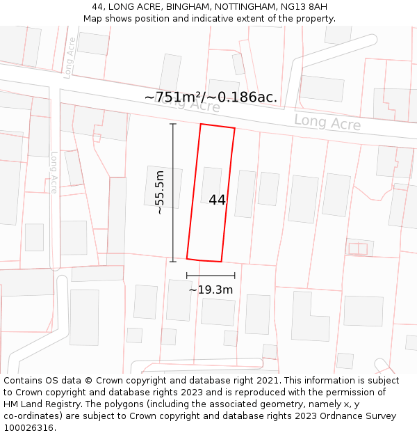 44, LONG ACRE, BINGHAM, NOTTINGHAM, NG13 8AH: Plot and title map