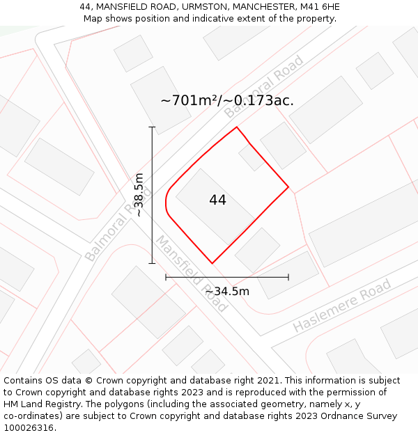 44, MANSFIELD ROAD, URMSTON, MANCHESTER, M41 6HE: Plot and title map