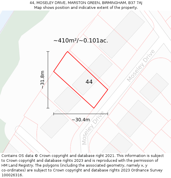 44, MOSELEY DRIVE, MARSTON GREEN, BIRMINGHAM, B37 7AJ: Plot and title map