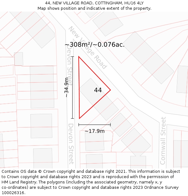 44, NEW VILLAGE ROAD, COTTINGHAM, HU16 4LY: Plot and title map