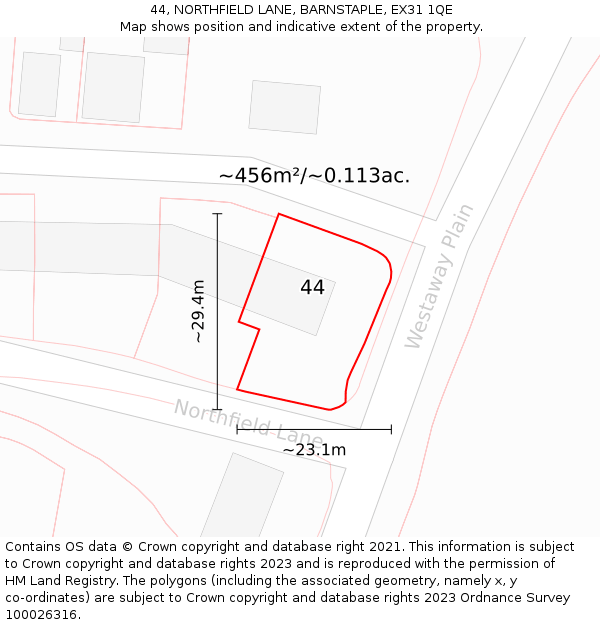 44, NORTHFIELD LANE, BARNSTAPLE, EX31 1QE: Plot and title map