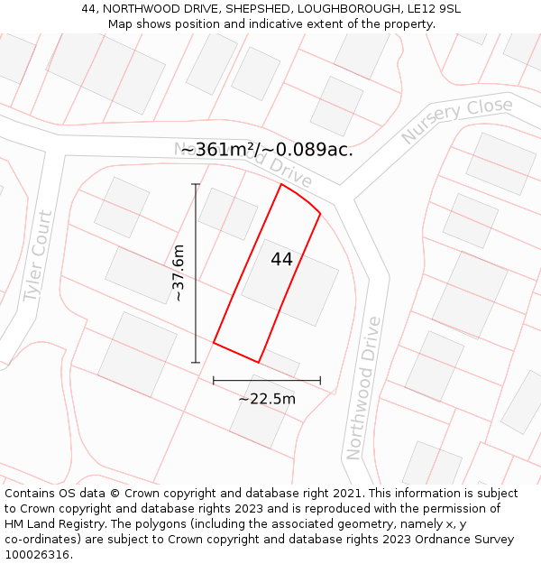 44, NORTHWOOD DRIVE, SHEPSHED, LOUGHBOROUGH, LE12 9SL: Plot and title map