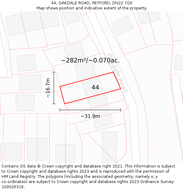 44, OAKDALE ROAD, RETFORD, DN22 7GX: Plot and title map