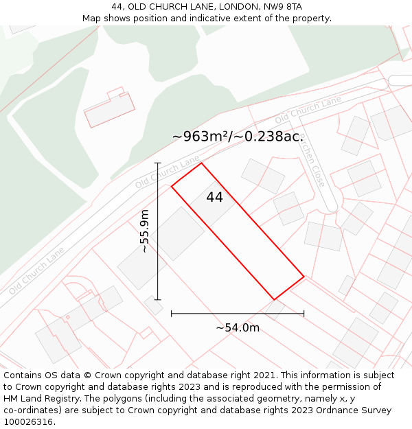 44, OLD CHURCH LANE, LONDON, NW9 8TA: Plot and title map