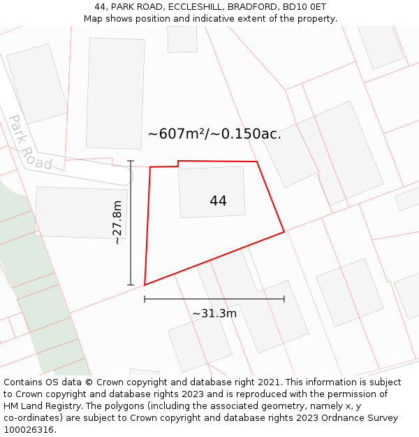 44, PARK ROAD, ECCLESHILL, BRADFORD, BD10 0ET: Plot and title map