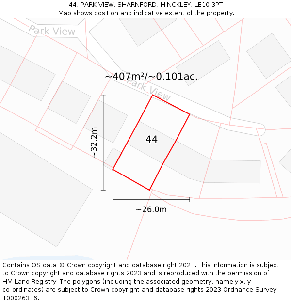 44, PARK VIEW, SHARNFORD, HINCKLEY, LE10 3PT: Plot and title map