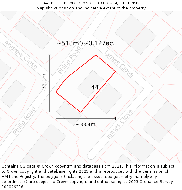 44, PHILIP ROAD, BLANDFORD FORUM, DT11 7NR: Plot and title map