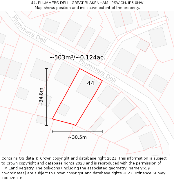 44, PLUMMERS DELL, GREAT BLAKENHAM, IPSWICH, IP6 0HW: Plot and title map