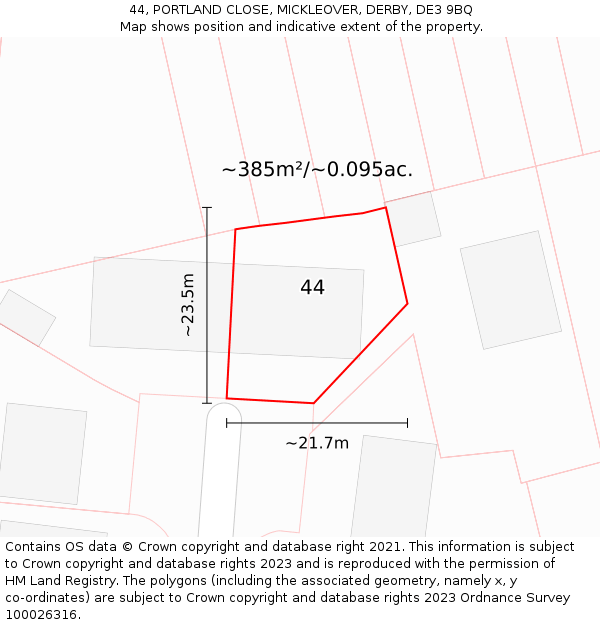 44, PORTLAND CLOSE, MICKLEOVER, DERBY, DE3 9BQ: Plot and title map