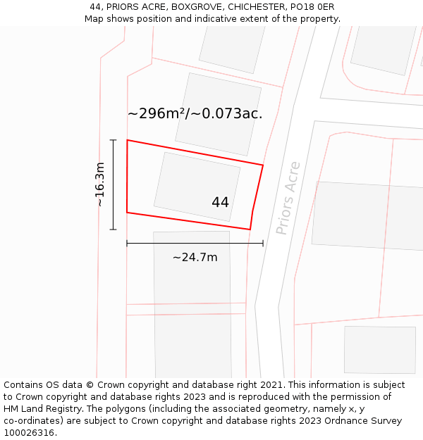 44, PRIORS ACRE, BOXGROVE, CHICHESTER, PO18 0ER: Plot and title map