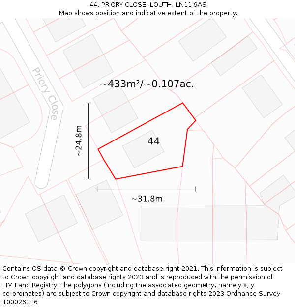 44, PRIORY CLOSE, LOUTH, LN11 9AS: Plot and title map