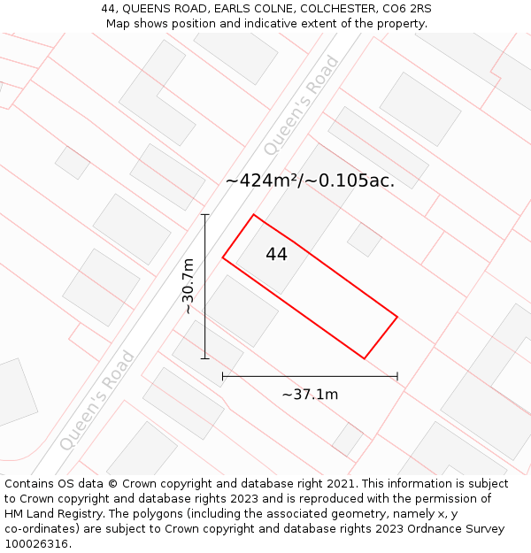 44, QUEENS ROAD, EARLS COLNE, COLCHESTER, CO6 2RS: Plot and title map