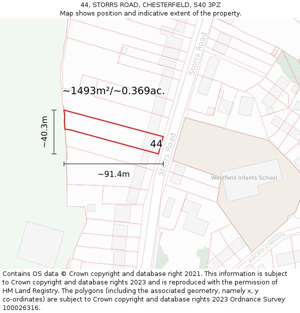 44, STORRS ROAD, CHESTERFIELD, S40 3PZ: Plot and title map