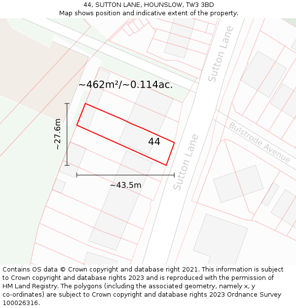 44, SUTTON LANE, HOUNSLOW, TW3 3BD: Plot and title map