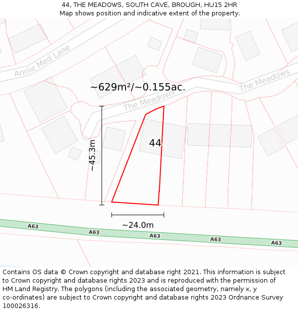 44, THE MEADOWS, SOUTH CAVE, BROUGH, HU15 2HR: Plot and title map