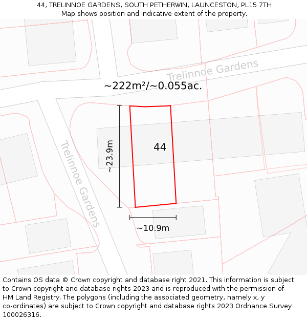 44, TRELINNOE GARDENS, SOUTH PETHERWIN, LAUNCESTON, PL15 7TH: Plot and title map