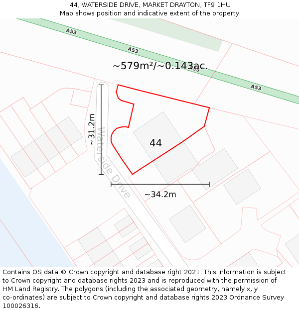 44, WATERSIDE DRIVE, MARKET DRAYTON, TF9 1HU: Plot and title map