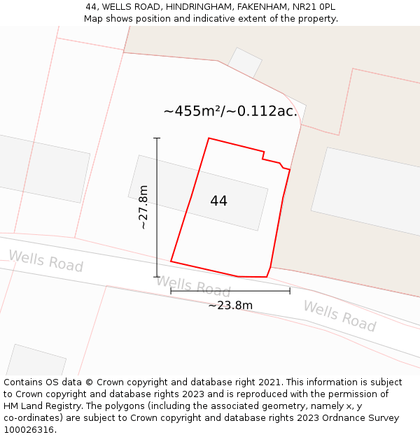 44, WELLS ROAD, HINDRINGHAM, FAKENHAM, NR21 0PL: Plot and title map