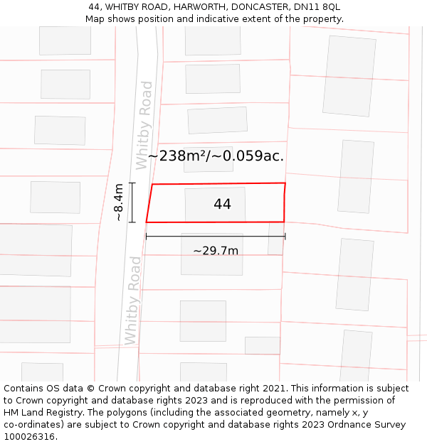 44, WHITBY ROAD, HARWORTH, DONCASTER, DN11 8QL: Plot and title map